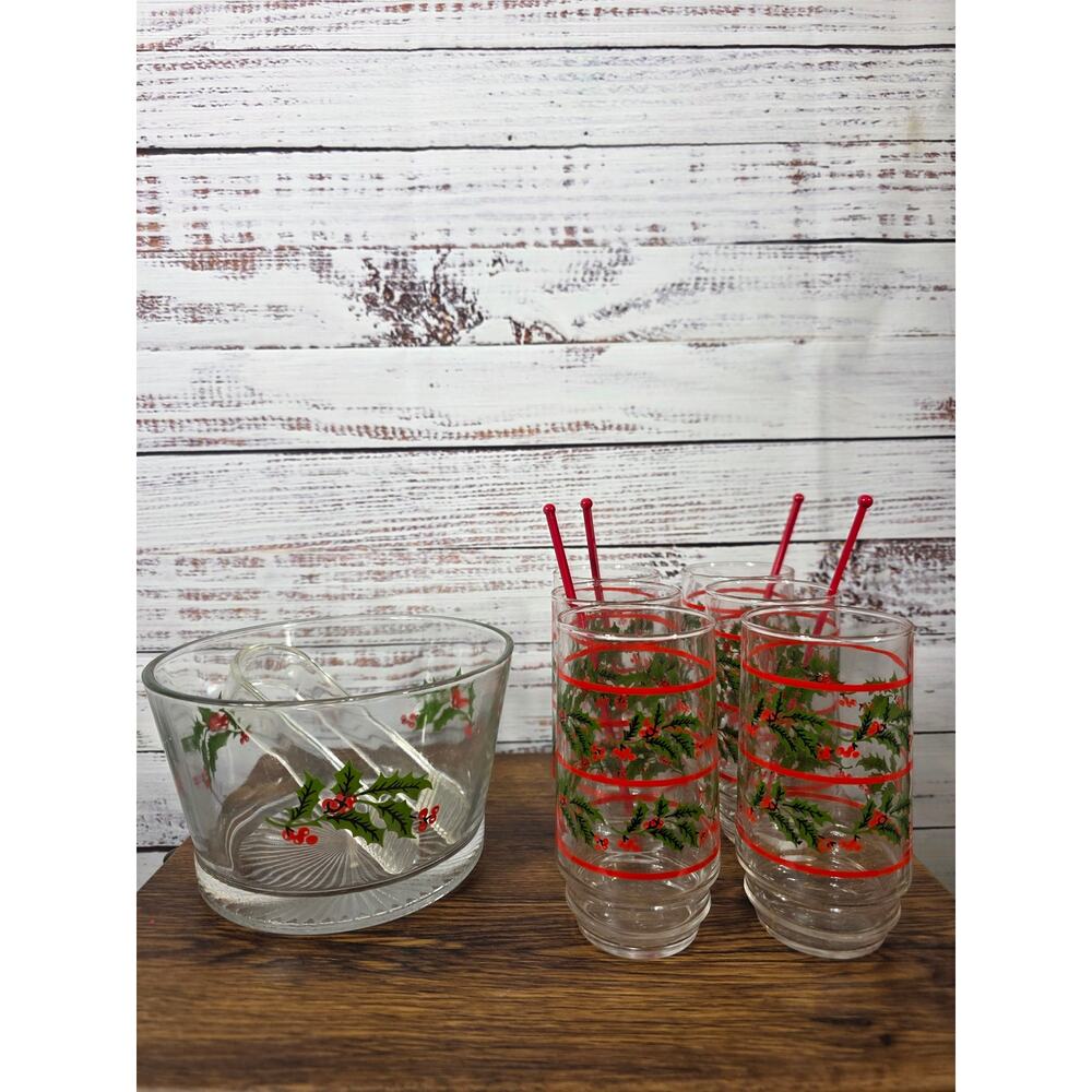 Vintage Indiana Glass Christmas Holly Hostess Set Ice Bucket Glasses READ